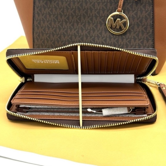 Michael Kors Large Charlotte Tote Bag & Continental Wallet Luggage Brown - Picture 12 of 13